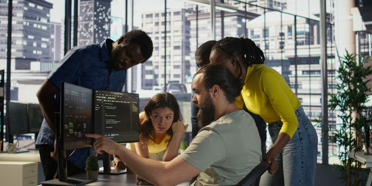 Shows a collaborative software engineering/dev team environment
